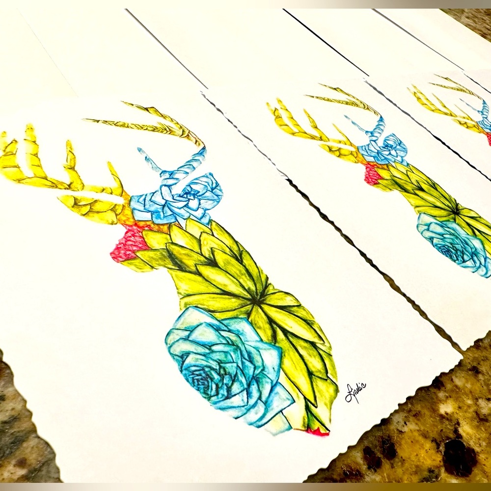 DEER GWEN ~Stationary. Set‎ of 6-5x7 w envelopes. Uniquely hand drawn cards